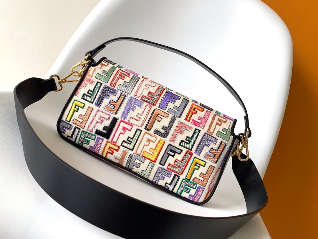 Fend Baguette Black and Multicolour Canvas Bag 27 with FF Embroidery Ghw mysite