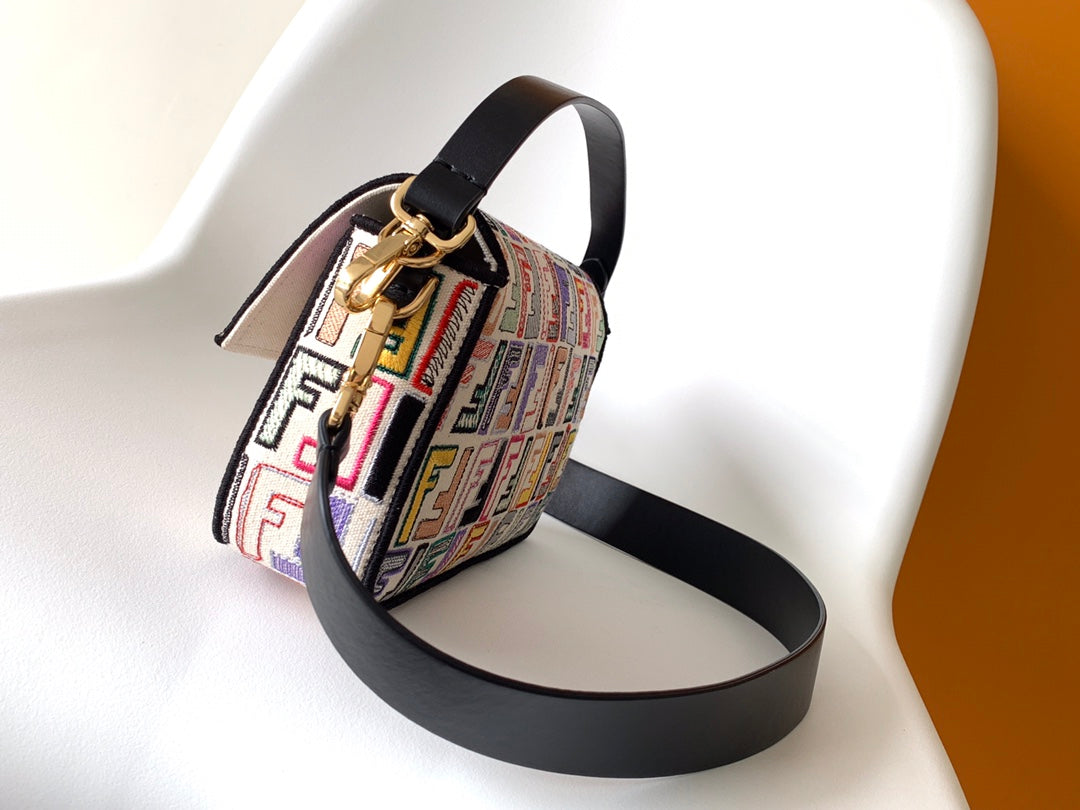 Fend Baguette Black and Multicolour Canvas Bag 27 with FF Embroidery Ghw mysite