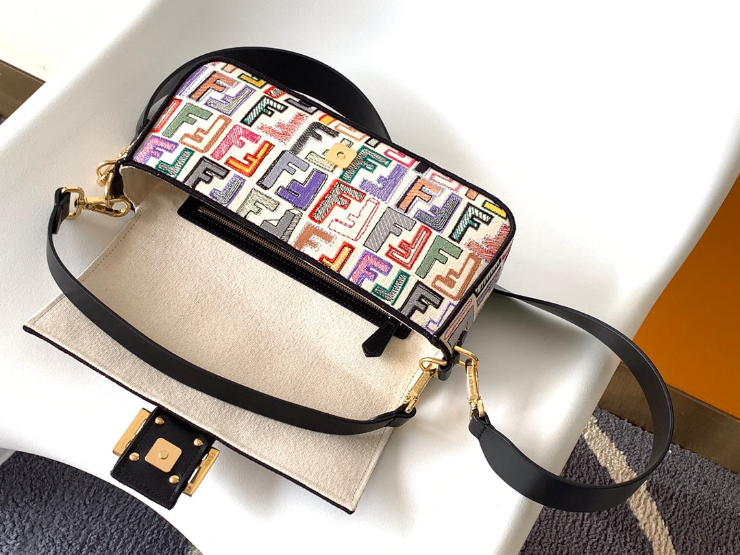 Fend Baguette Black and Multicolour Canvas Bag 27 with FF Embroidery Ghw mysite