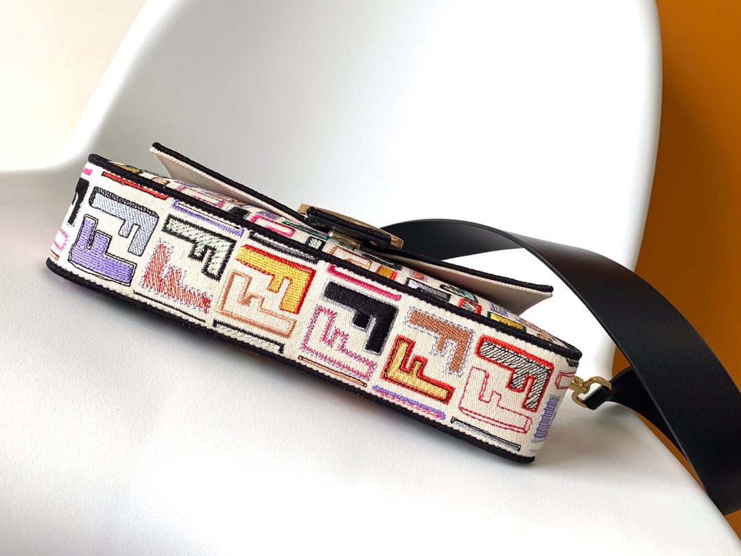 Fend Baguette Black and Multicolour Canvas Bag 27 with FF Embroidery Ghw mysite