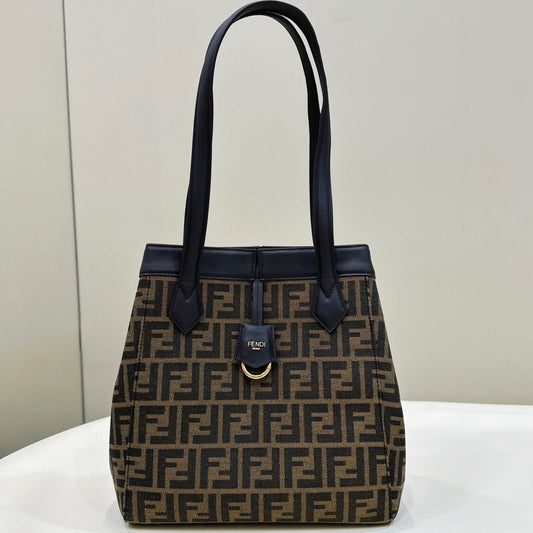 FENDI ORIGAMI MEDIUM 27 BROWN MIX BLACK FF JACQUARD FABRIC BAG mysite