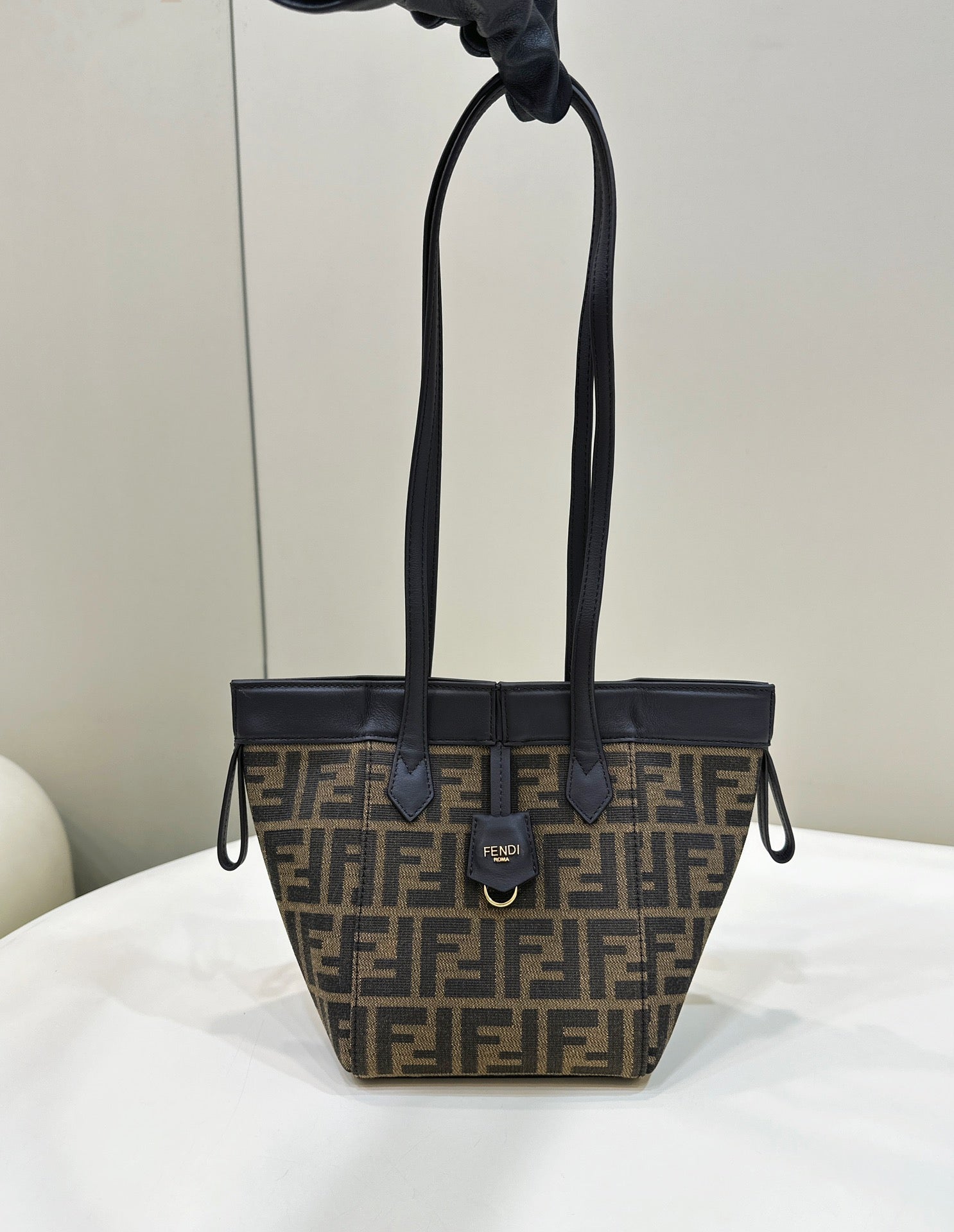 FENDI ORIGAMI MINI 19 BROWN MIX BLACK FF JACQUARD FABRIC BAG mysite