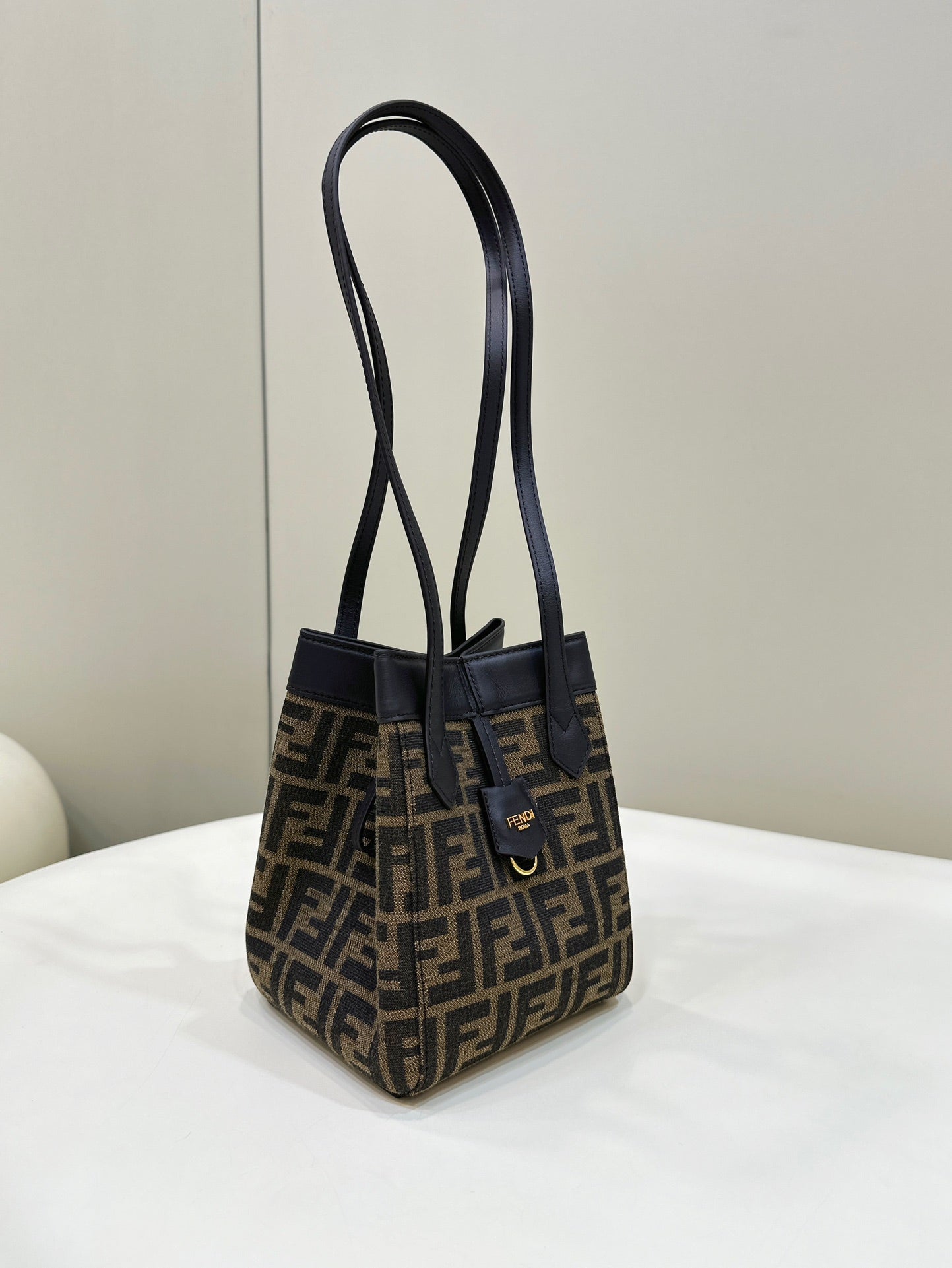 FENDI ORIGAMI MINI 19 BROWN MIX BLACK FF JACQUARD FABRIC BAG mysite