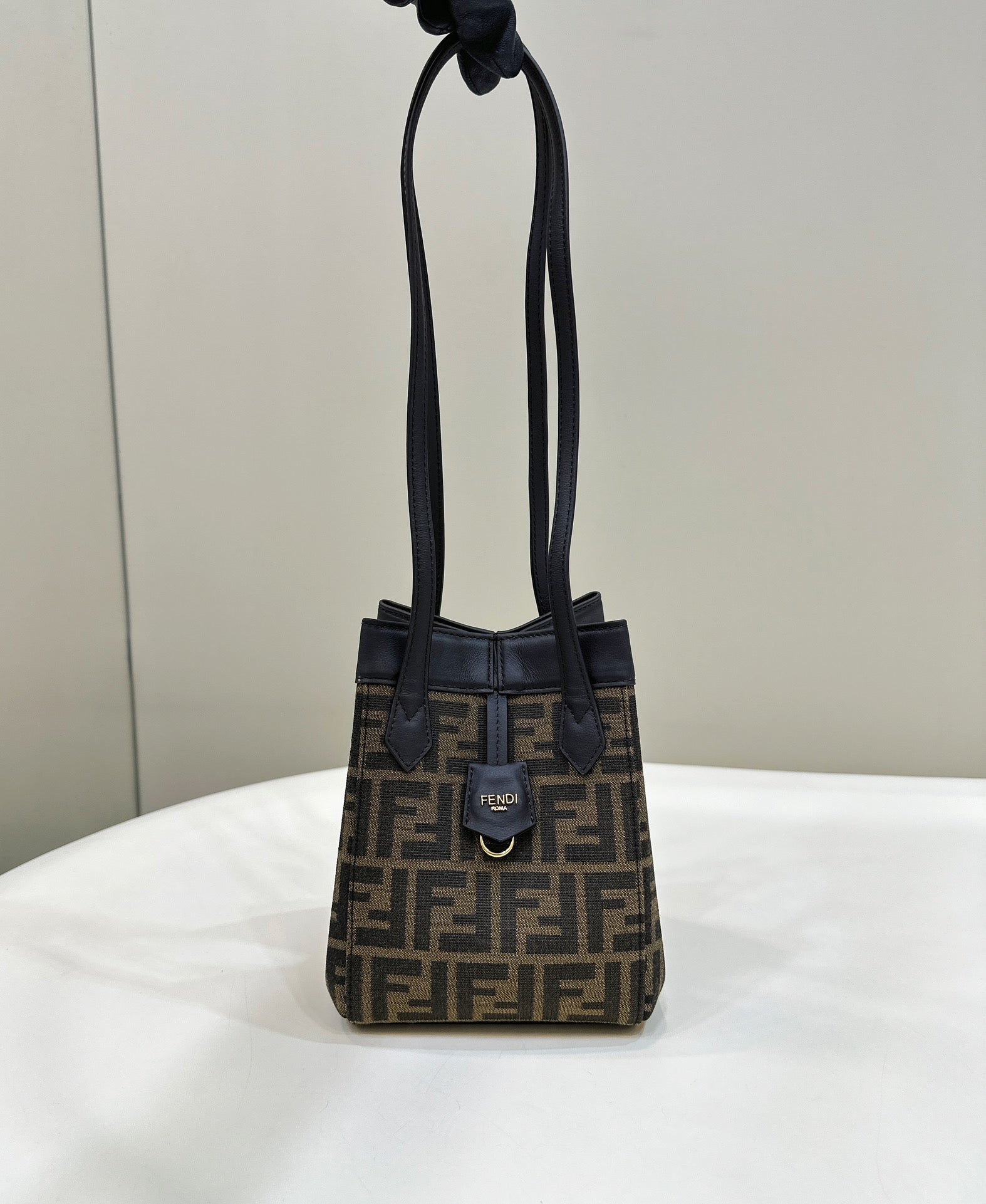 FENDI ORIGAMI MINI 19 BROWN MIX BLACK FF JACQUARD FABRIC BAG mysite