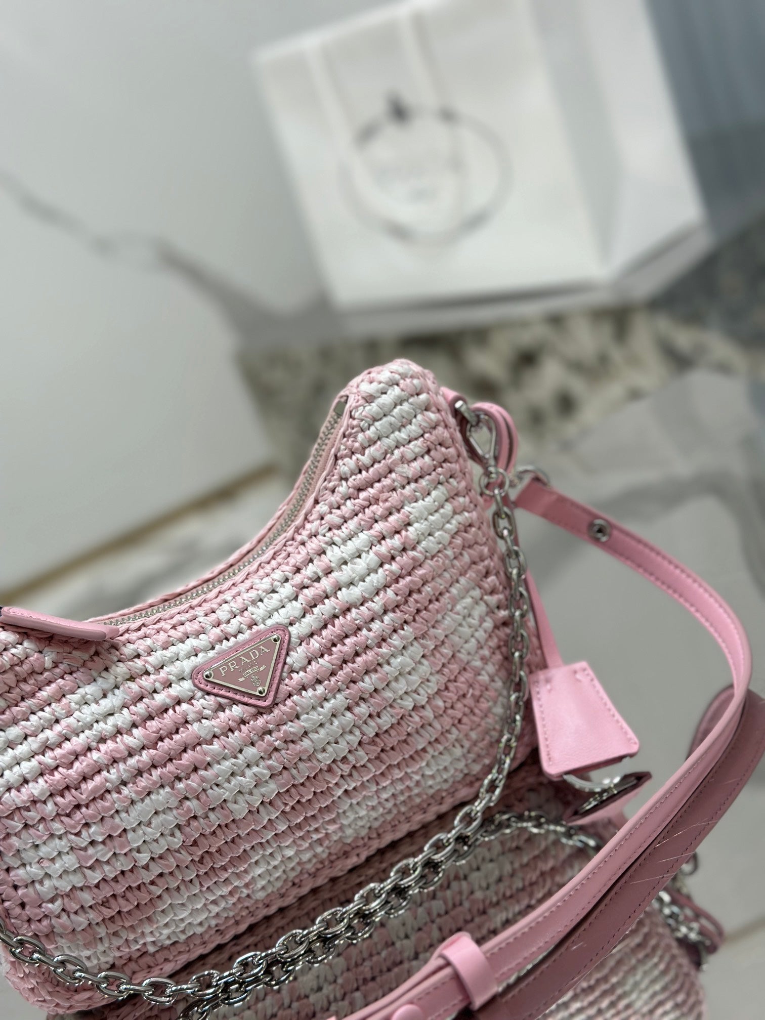 CROCHET HOBO BAG 22 IN PINK MIX WHITE RAFFIA SILVER HARDWARE mysite