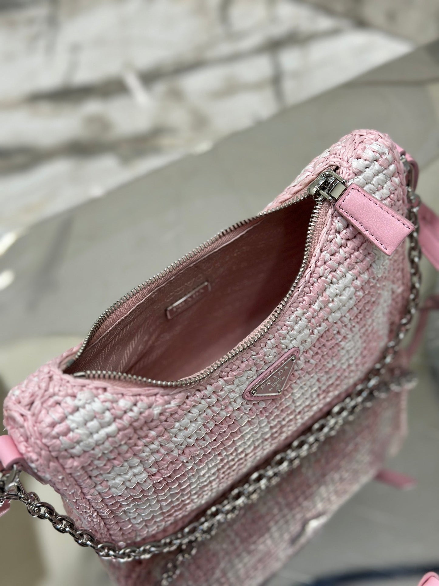 CROCHET HOBO BAG 22 IN PINK MIX WHITE RAFFIA SILVER HARDWARE mysite