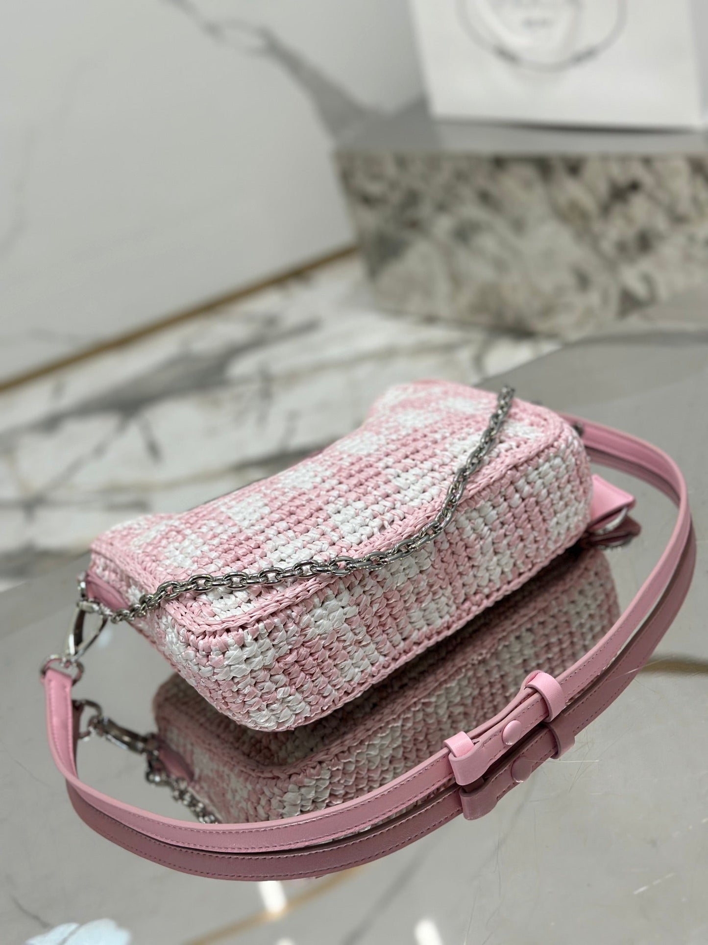 CROCHET HOBO BAG 22 IN PINK MIX WHITE RAFFIA SILVER HARDWARE mysite