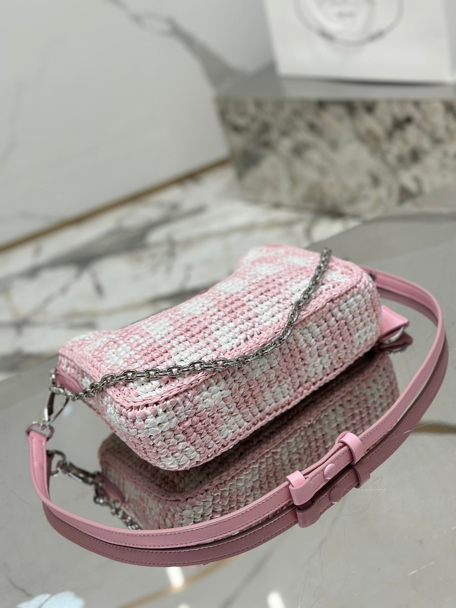 CROCHET HOBO BAG 22 IN PINK MIX WHITE RAFFIA SILVER HARDWARE mysite