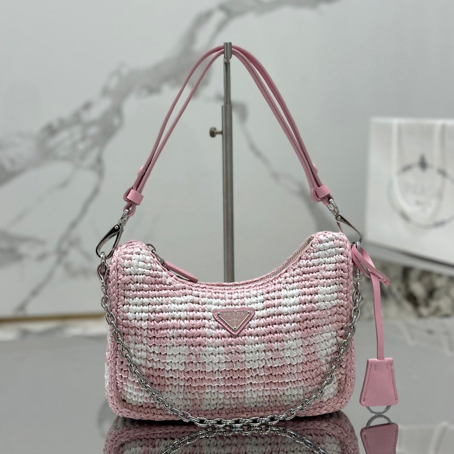 CROCHET HOBO BAG 22 IN PINK MIX WHITE RAFFIA SILVER HARDWARE mysite