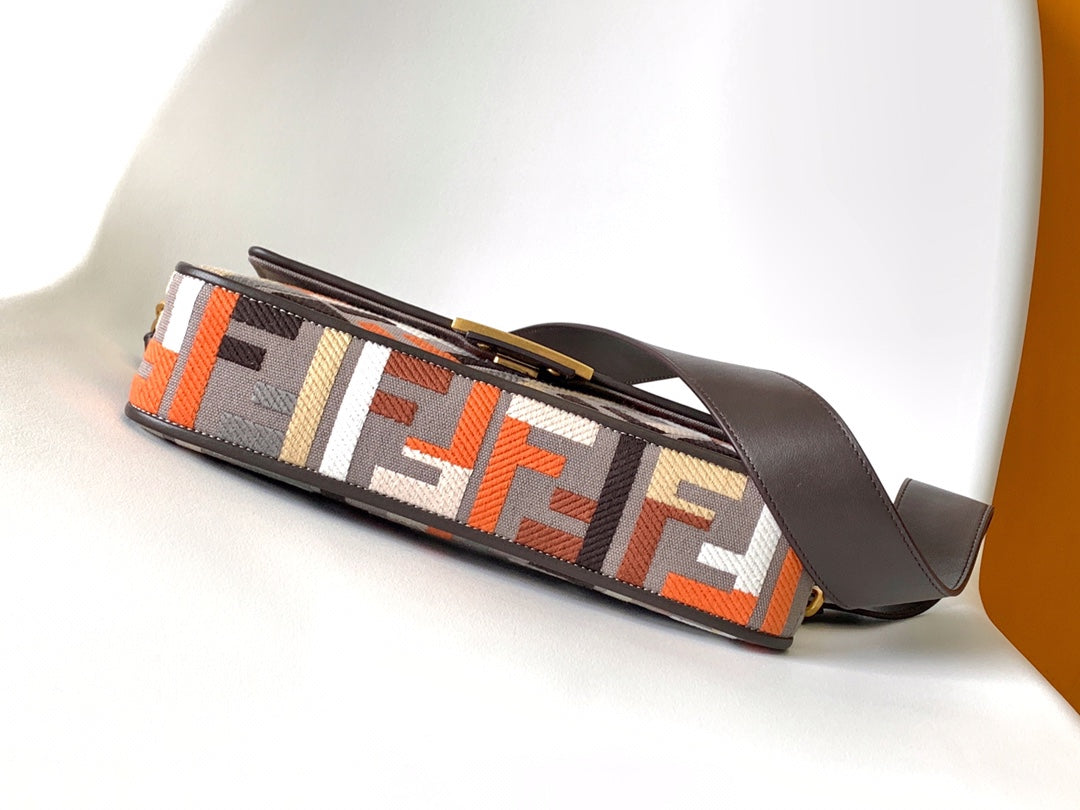 Fend Baguette Brown and Multicolour Canvas Bag 27 with FF Embroidery Ghw mysite