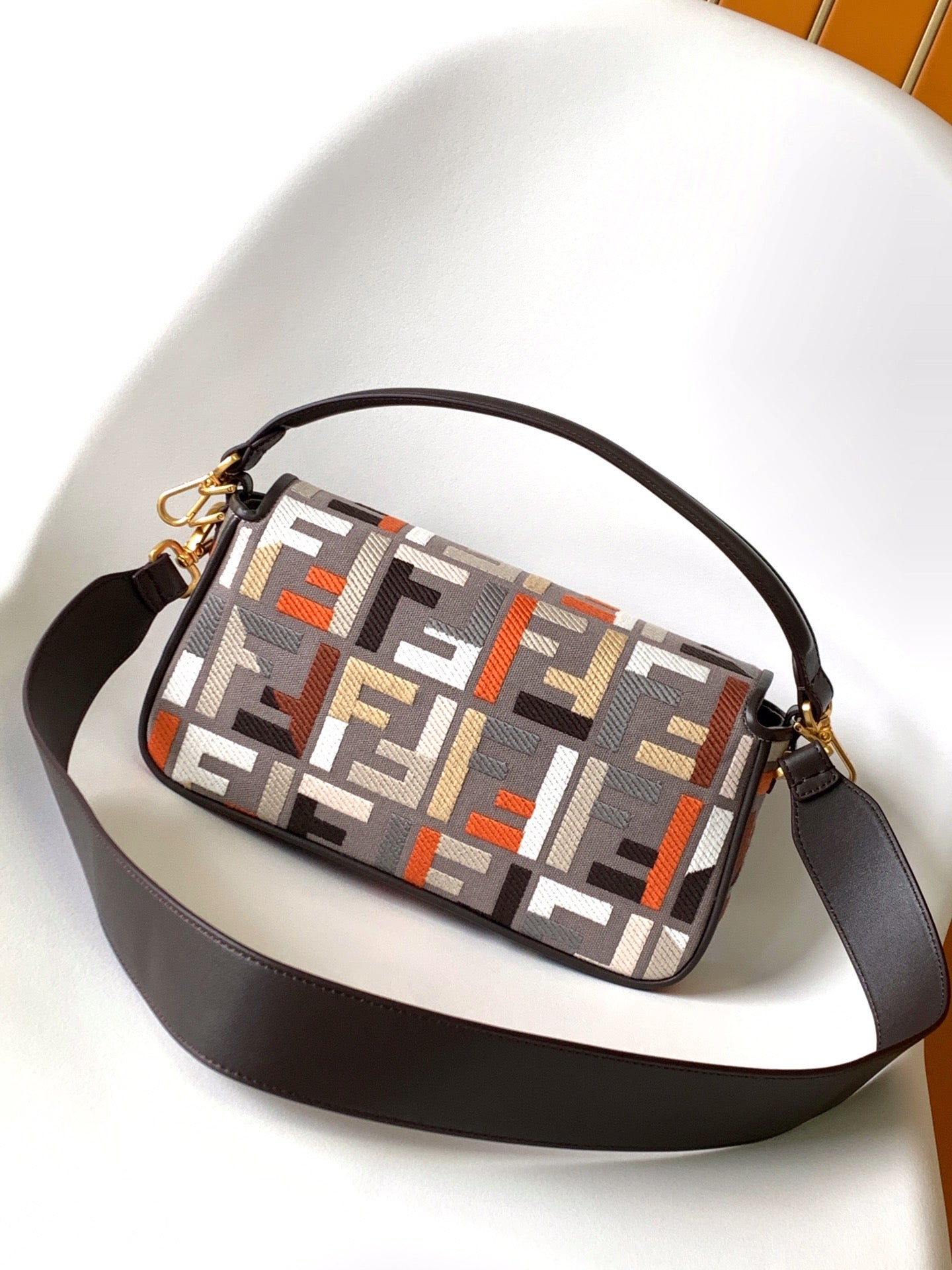 Fend Baguette Brown and Multicolour Canvas Bag 27 with FF Embroidery Ghw mysite