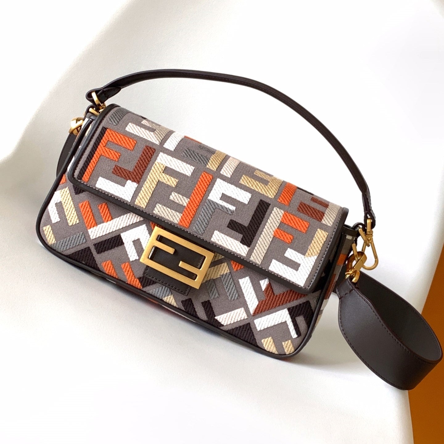 Fend Baguette Brown and Multicolour Canvas Bag 27 with FF Embroidery Ghw mysite