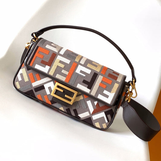 Fend Baguette Brown and Multicolour Canvas Bag 27 with FF Embroidery Ghw mysite