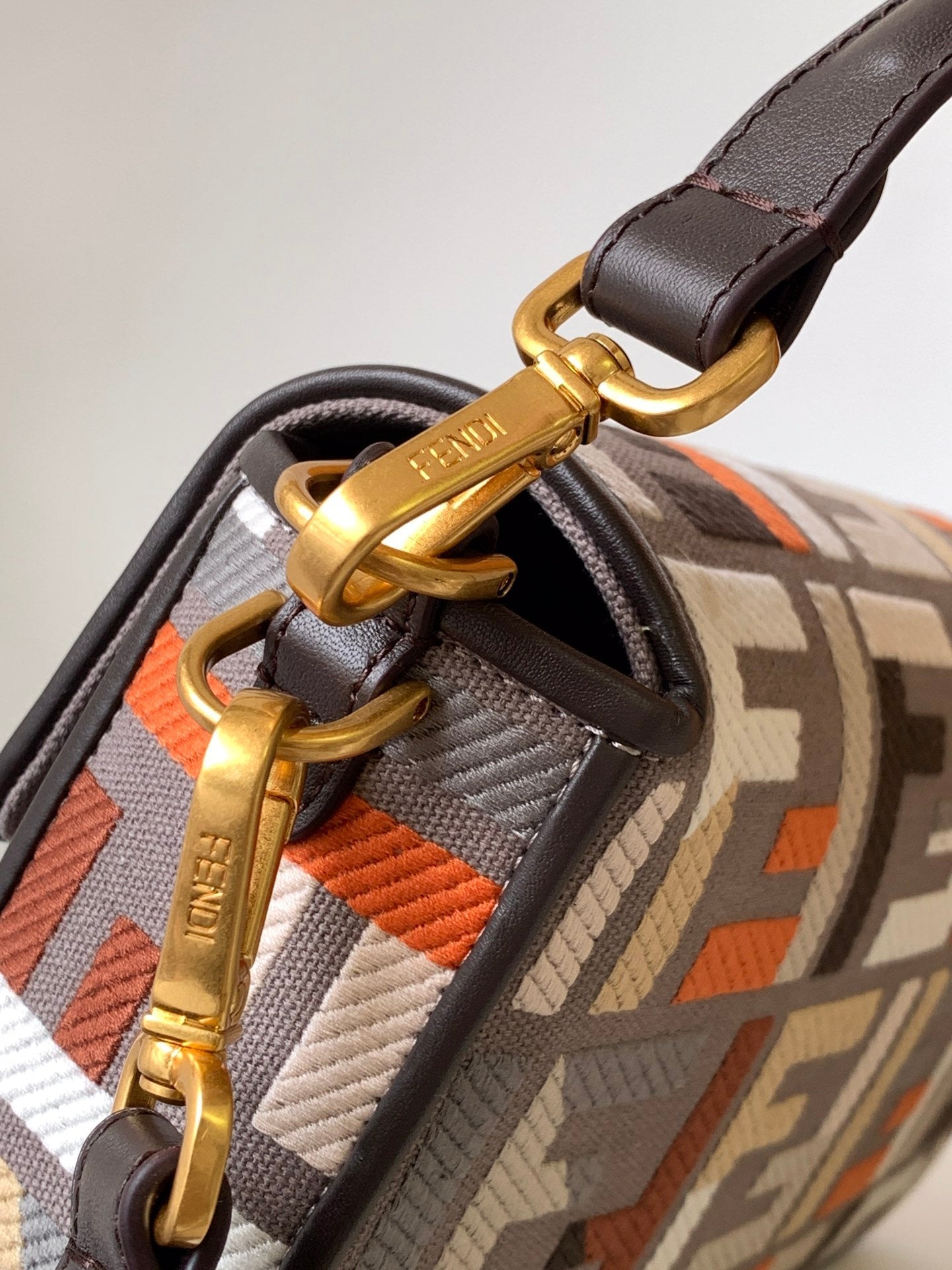 Fend Baguette Brown and Multicolour Canvas Bag 27 with FF Embroidery Ghw mysite