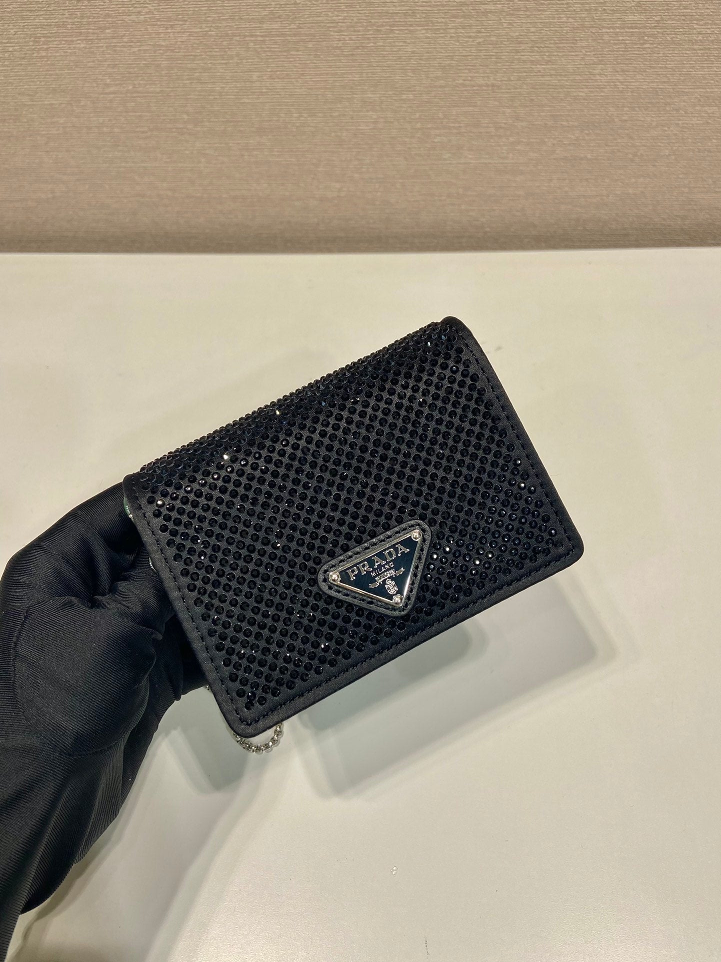 MINI FLAP BAG 11 IN BLACK DUCHESSE FABRIC ATTACHED FULL CRYSTALS SILVER CHAIN mysite