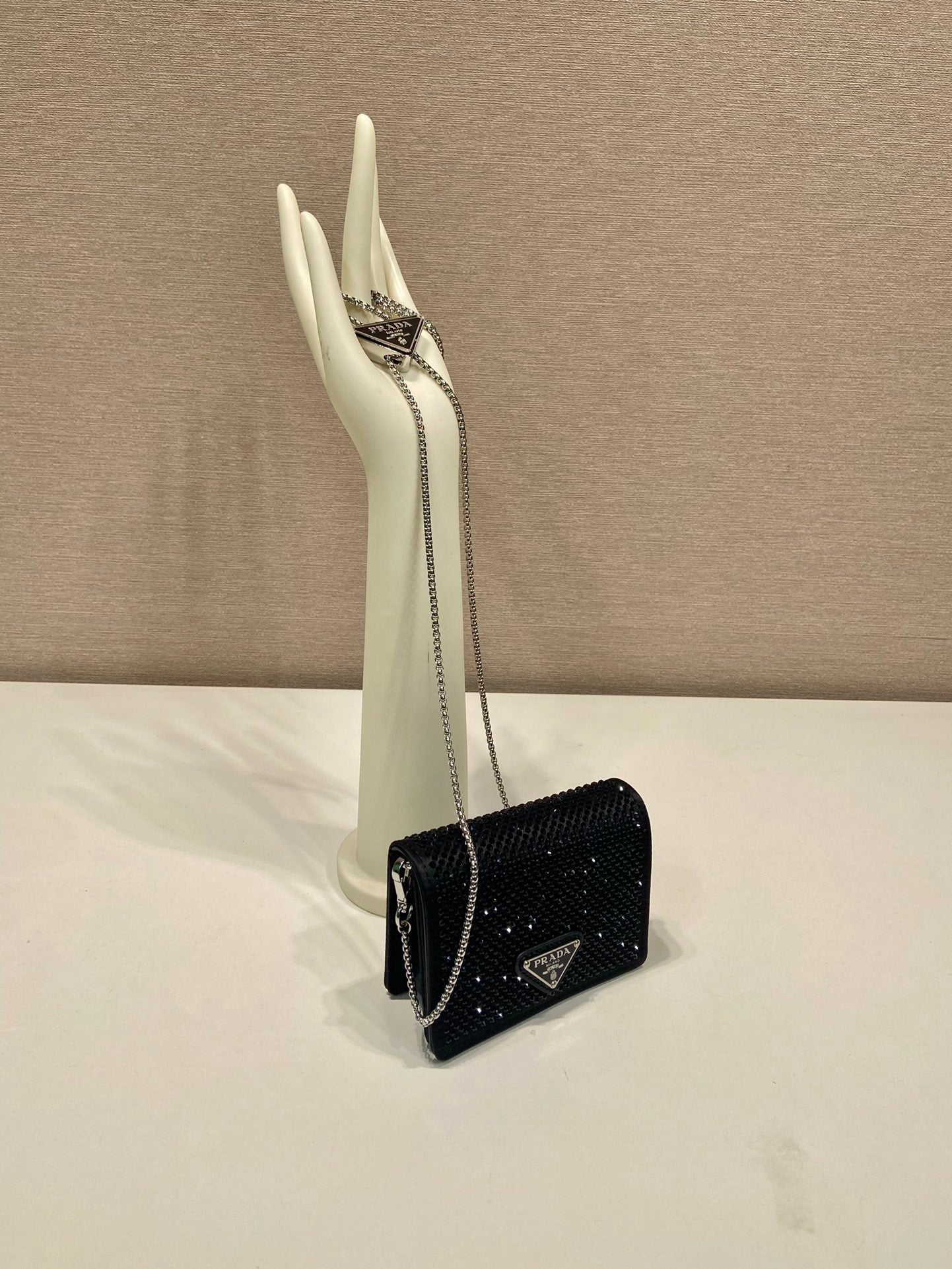 MINI FLAP BAG 11 IN BLACK DUCHESSE FABRIC ATTACHED FULL CRYSTALS SILVER CHAIN mysite