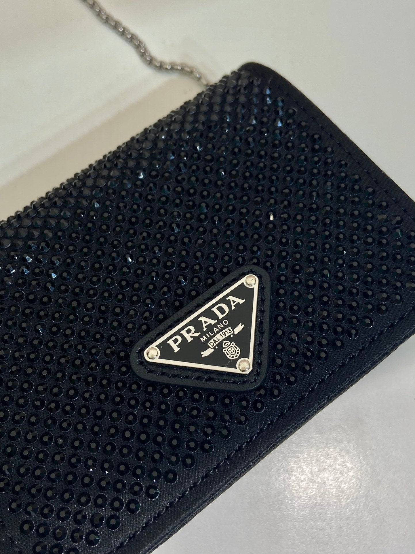 MINI FLAP BAG 11 IN BLACK DUCHESSE FABRIC ATTACHED FULL CRYSTALS SILVER CHAIN mysite