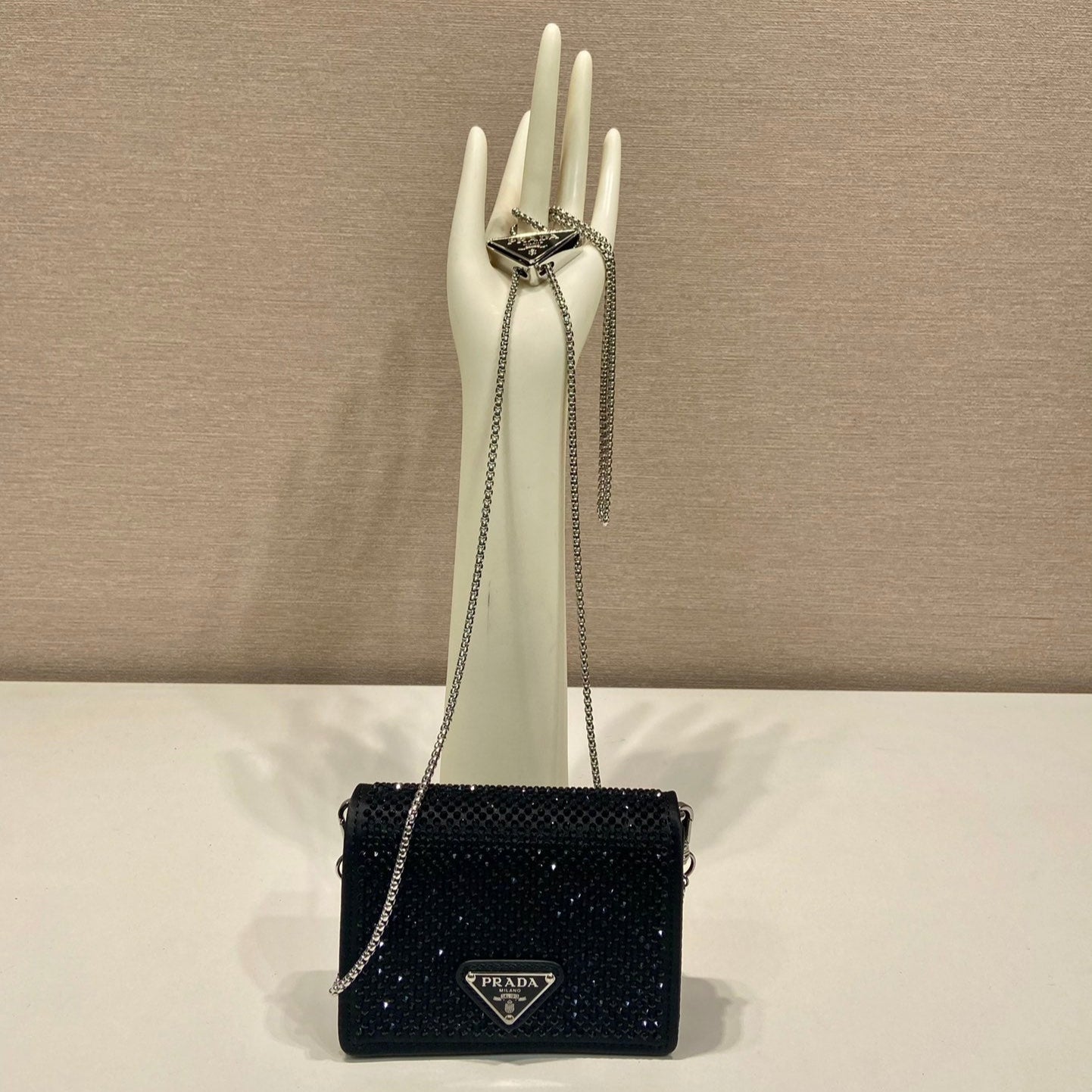 MINI FLAP BAG 11 IN BLACK DUCHESSE FABRIC ATTACHED FULL CRYSTALS SILVER CHAIN mysite