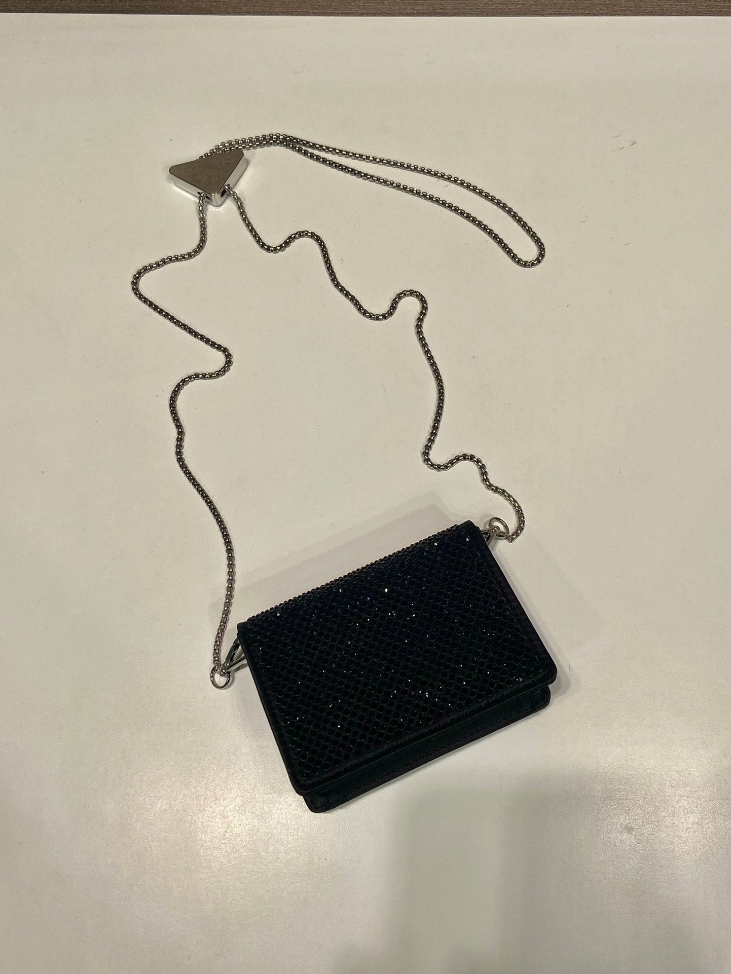 MINI FLAP BAG 11 IN BLACK DUCHESSE FABRIC ATTACHED FULL CRYSTALS SILVER CHAIN mysite