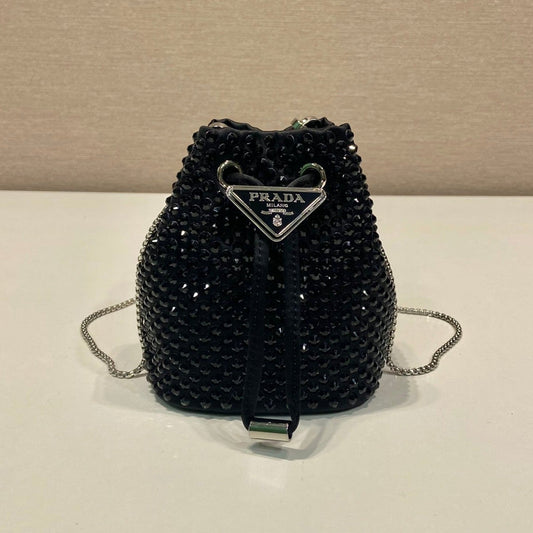 MINI BUCKET BAG 12 IN BLACK NYLON FABRIC EMBELLISHED FULL CRYSTALS mysite