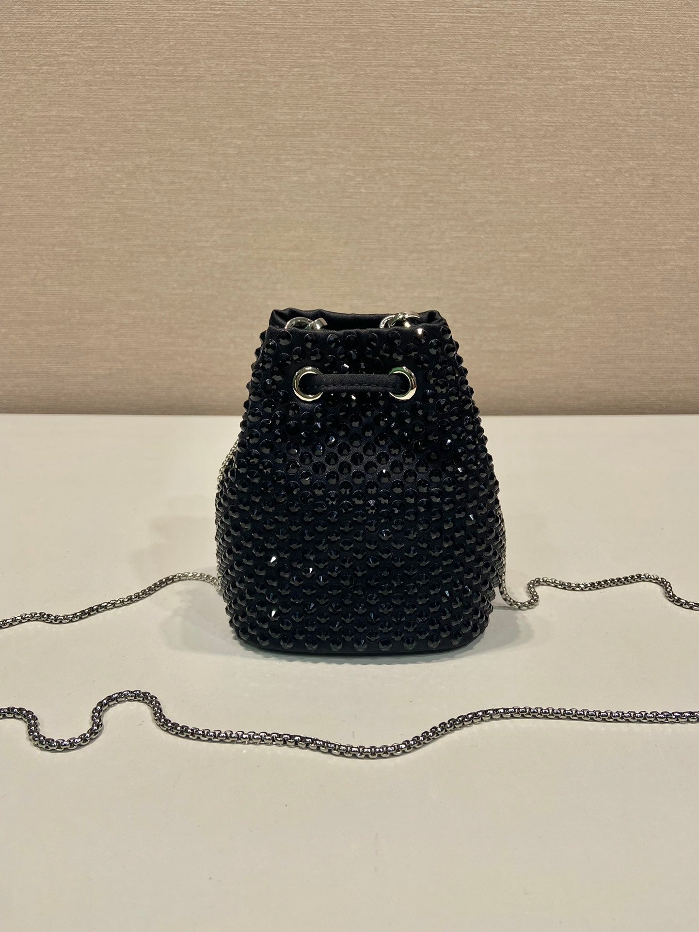 MINI BUCKET BAG 12 IN BLACK NYLON FABRIC EMBELLISHED FULL CRYSTALS mysite