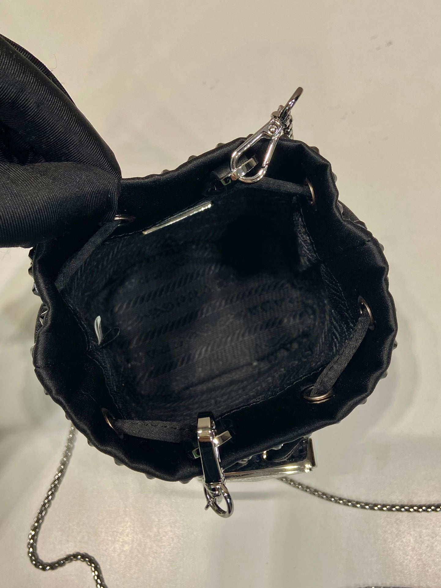 MINI BUCKET BAG 12 IN BLACK NYLON FABRIC EMBELLISHED FULL CRYSTALS mysite