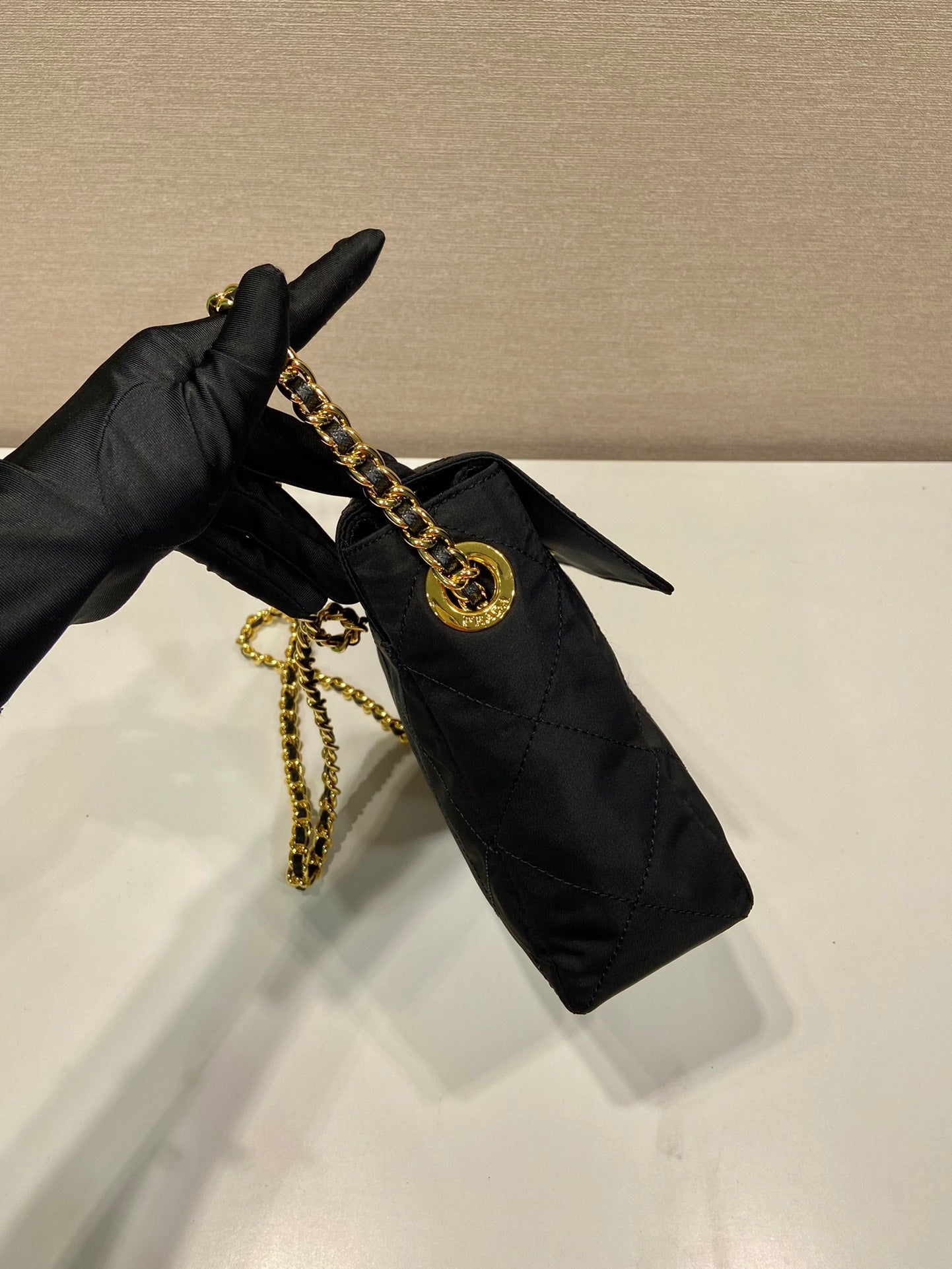 LARGE QUILTED FLAP BAG 23 IN BLACK RE-NYLON FABRIC GOLD CHAIN mysite