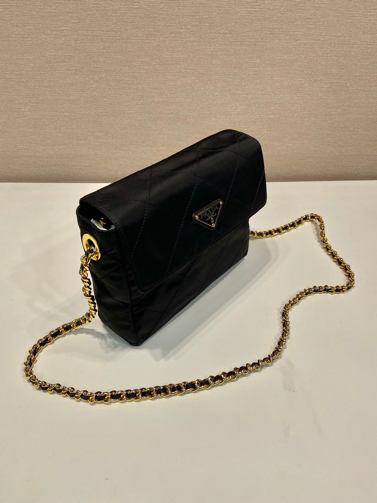 LARGE QUILTED FLAP BAG 23 IN BLACK RE-NYLON FABRIC GOLD CHAIN mysite