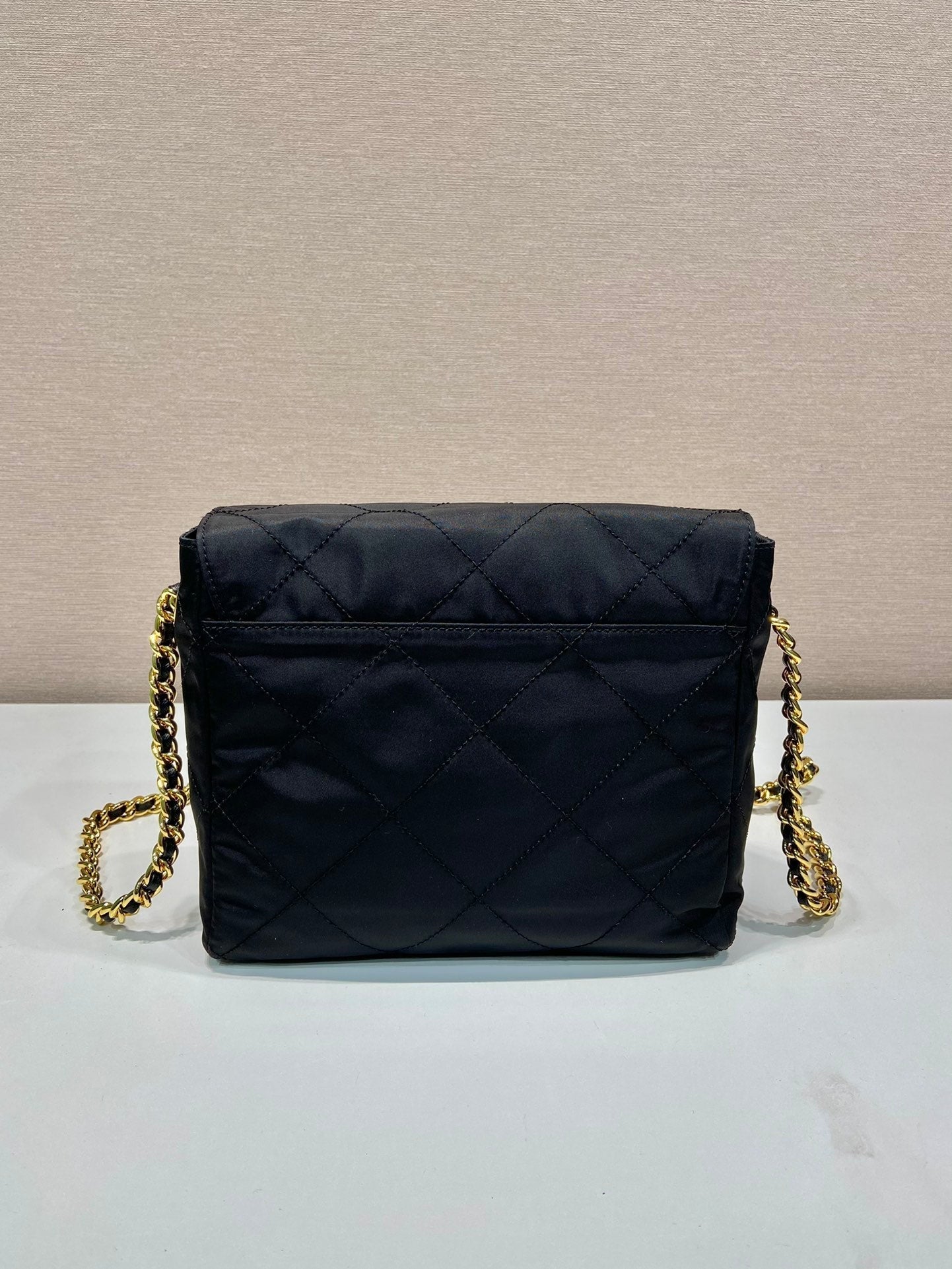 LARGE QUILTED FLAP BAG 23 IN BLACK RE-NYLON FABRIC GOLD CHAIN mysite