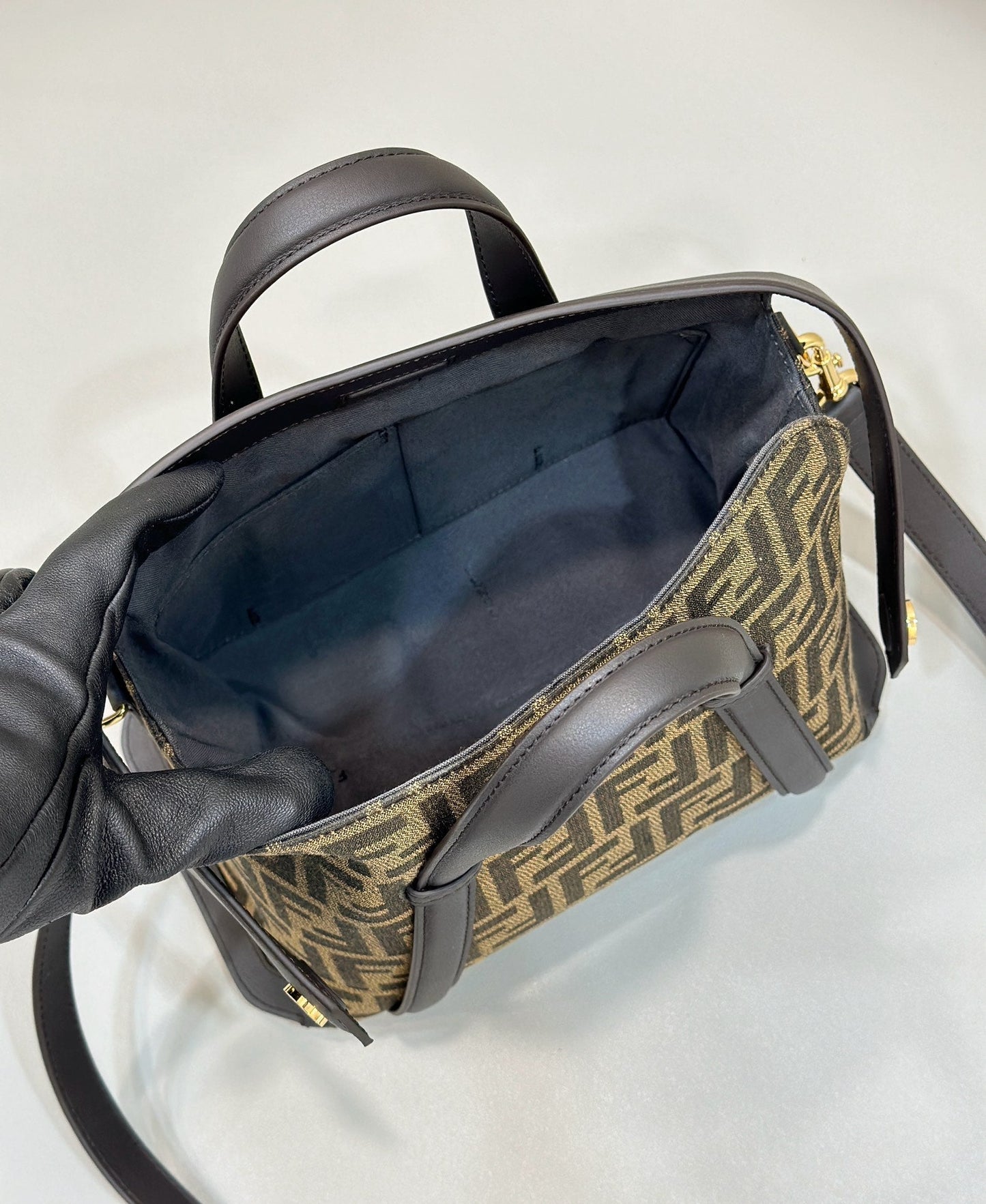 FENDI 27 BAG IN BROWN MIX BLACK JACQUARD FABRIC WITH CALFSKIN mysite