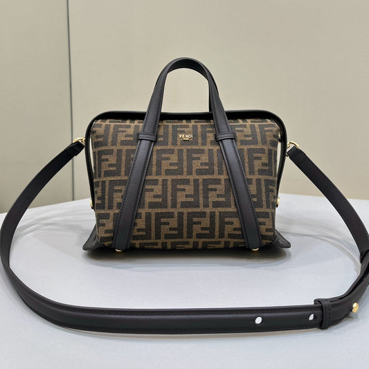 FENDI 27 BAG IN BROWN MIX BLACK JACQUARD FABRIC WITH CALFSKIN mysite