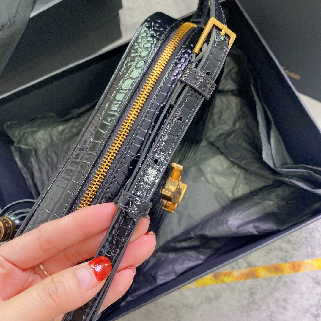 LOU CAMERA BAG 23 IN BLACK CROCODILE PATTERN CALFSKIN GOLD LOGO mysite