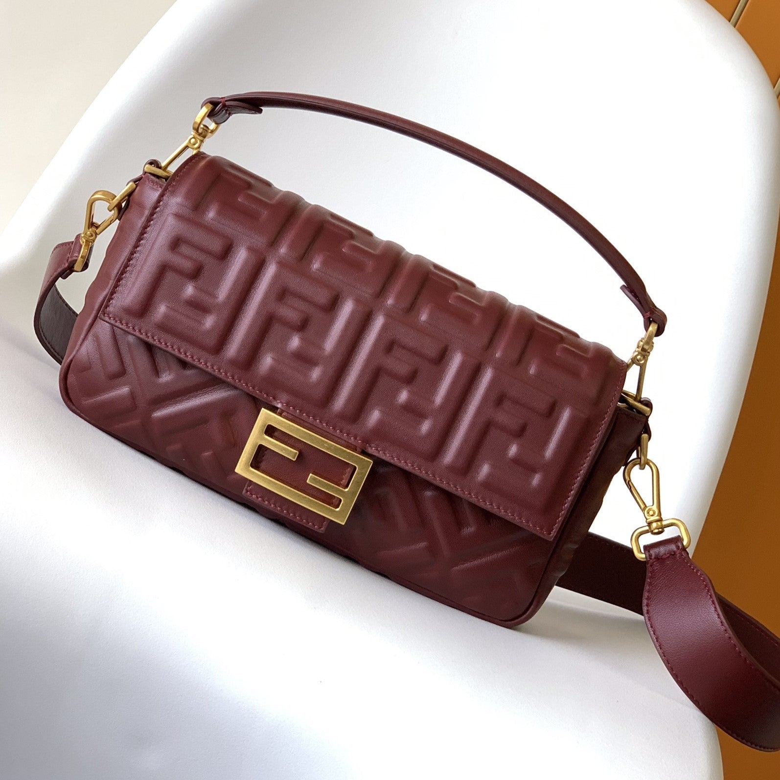 Fend Baguette 27 Bag With FF Motif Burgundy Leather Ghw mysite
