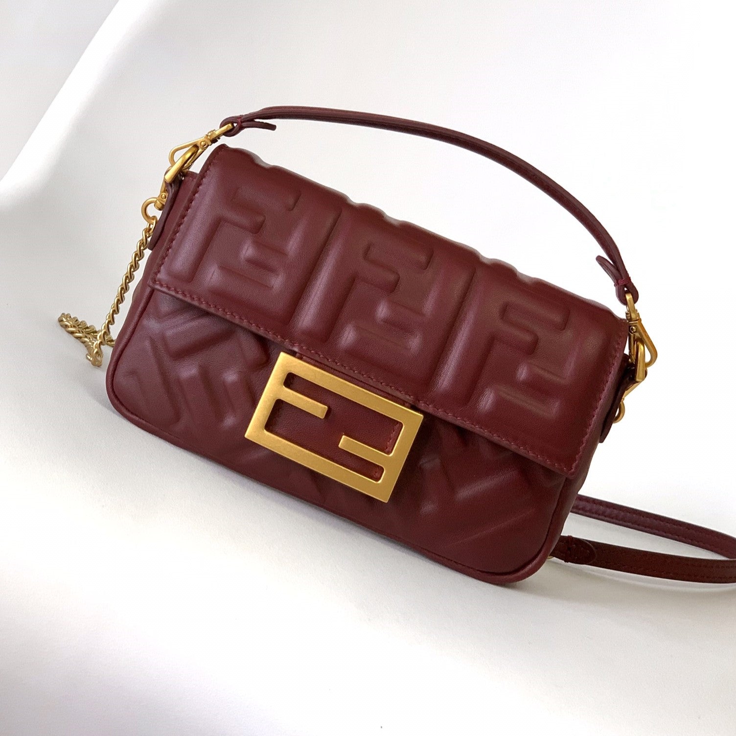 Mini Baguette Bag 20 With FF Motif Burgundy Leather Ghw mysite