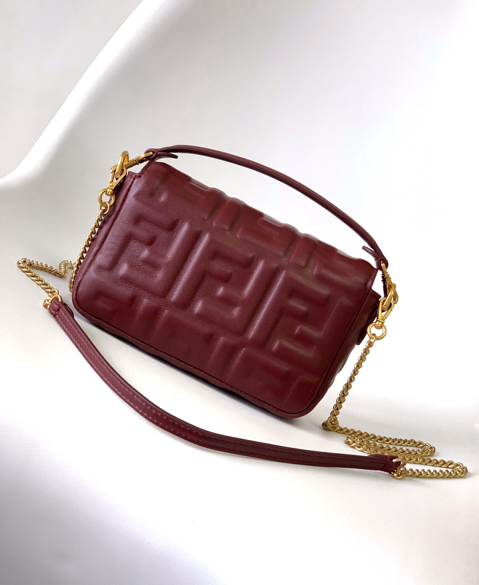 Mini Baguette Bag 20 With FF Motif Burgundy Leather Ghw mysite