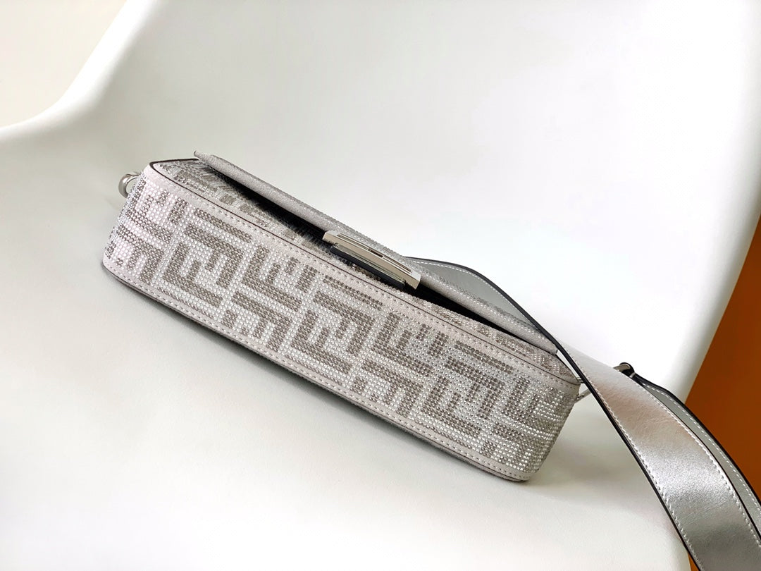 Fend Baguette 27 Bag Silver Leather with Crystal FF Motif Shw mysite