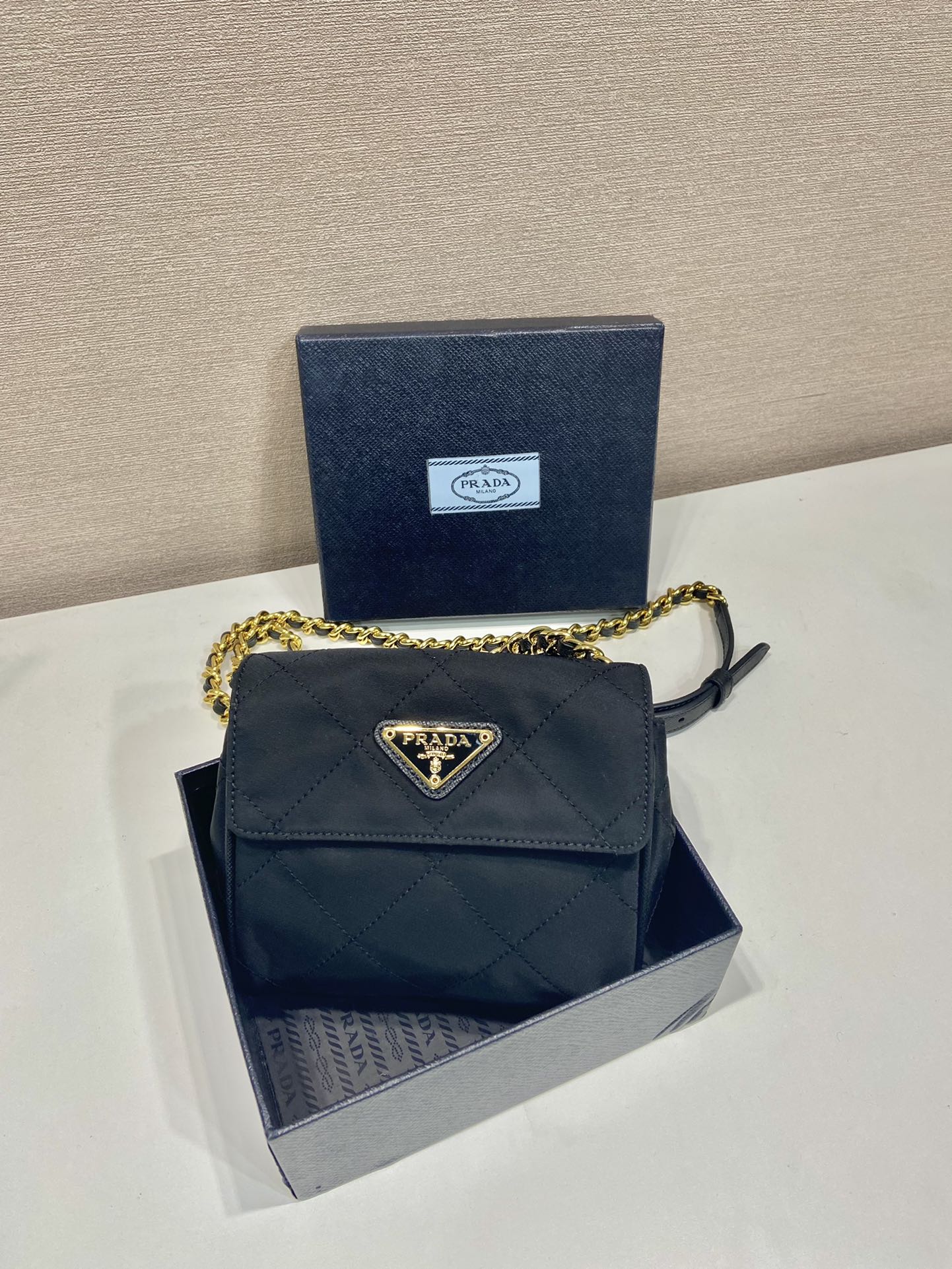 MINI QUILTED FLAP BAG 14 IN BLACK RE-NYLON FABRIC GOLD CHAIN mysite