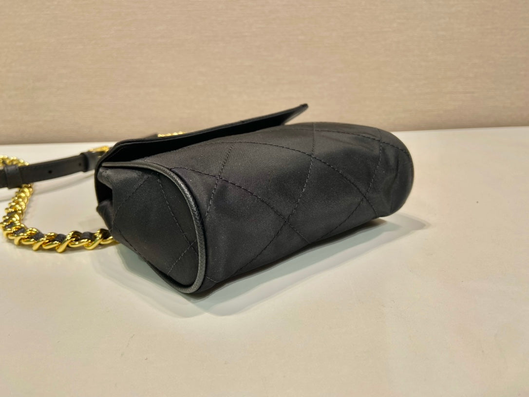 MINI QUILTED FLAP BAG 14 IN BLACK RE-NYLON FABRIC GOLD CHAIN mysite