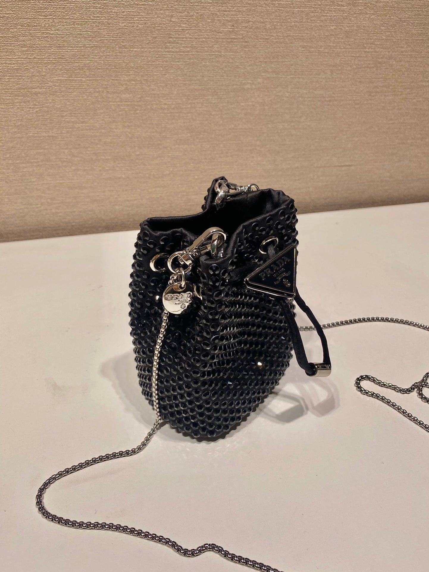 MINI BUCKET BAG 12 IN BLACK NYLON FABRIC EMBELLISHED FULL CRYSTALS mysite
