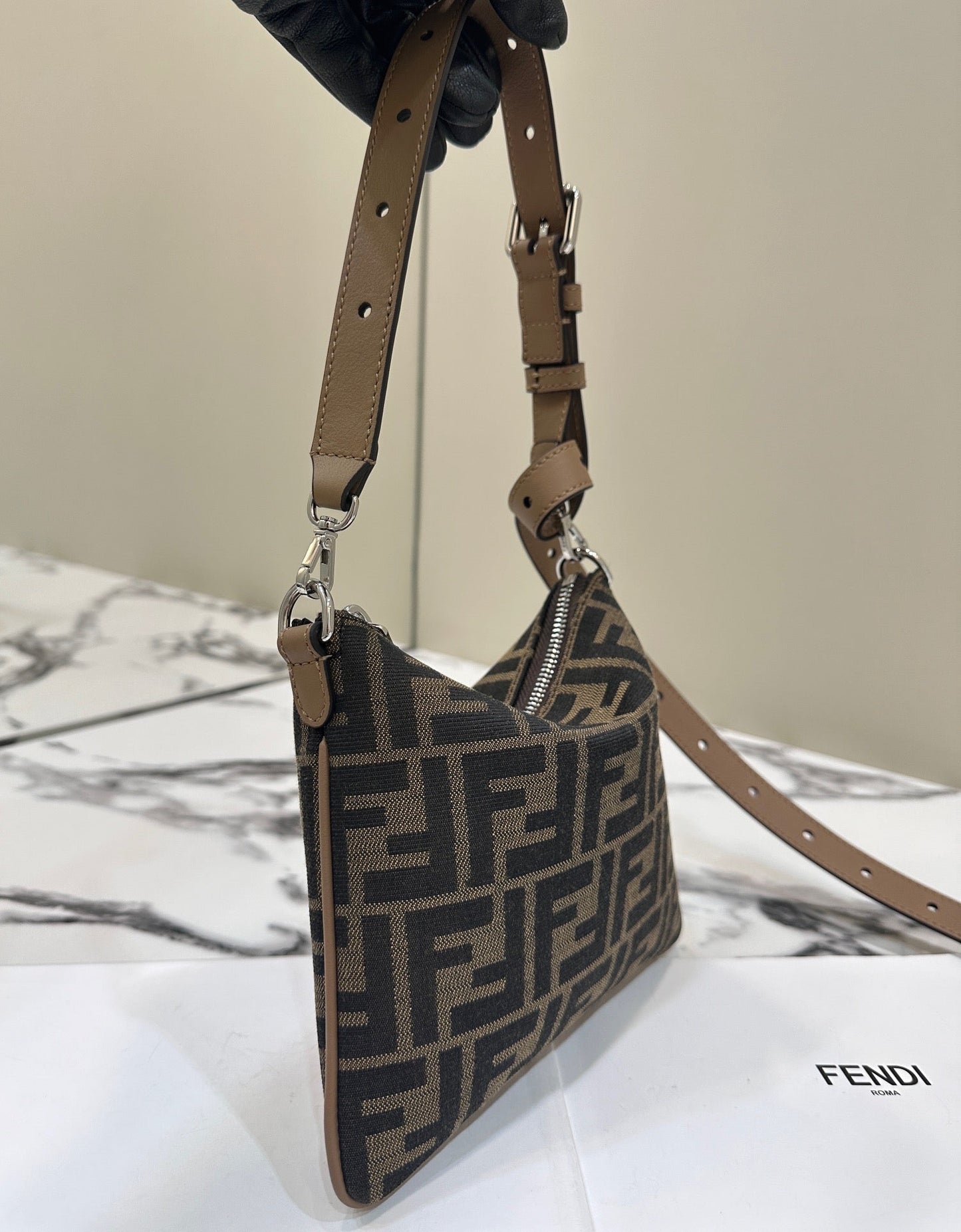 SHOULDER BAG 19 WITH FF MOTIF IN BROWN JACQUARD FABRIC mysite