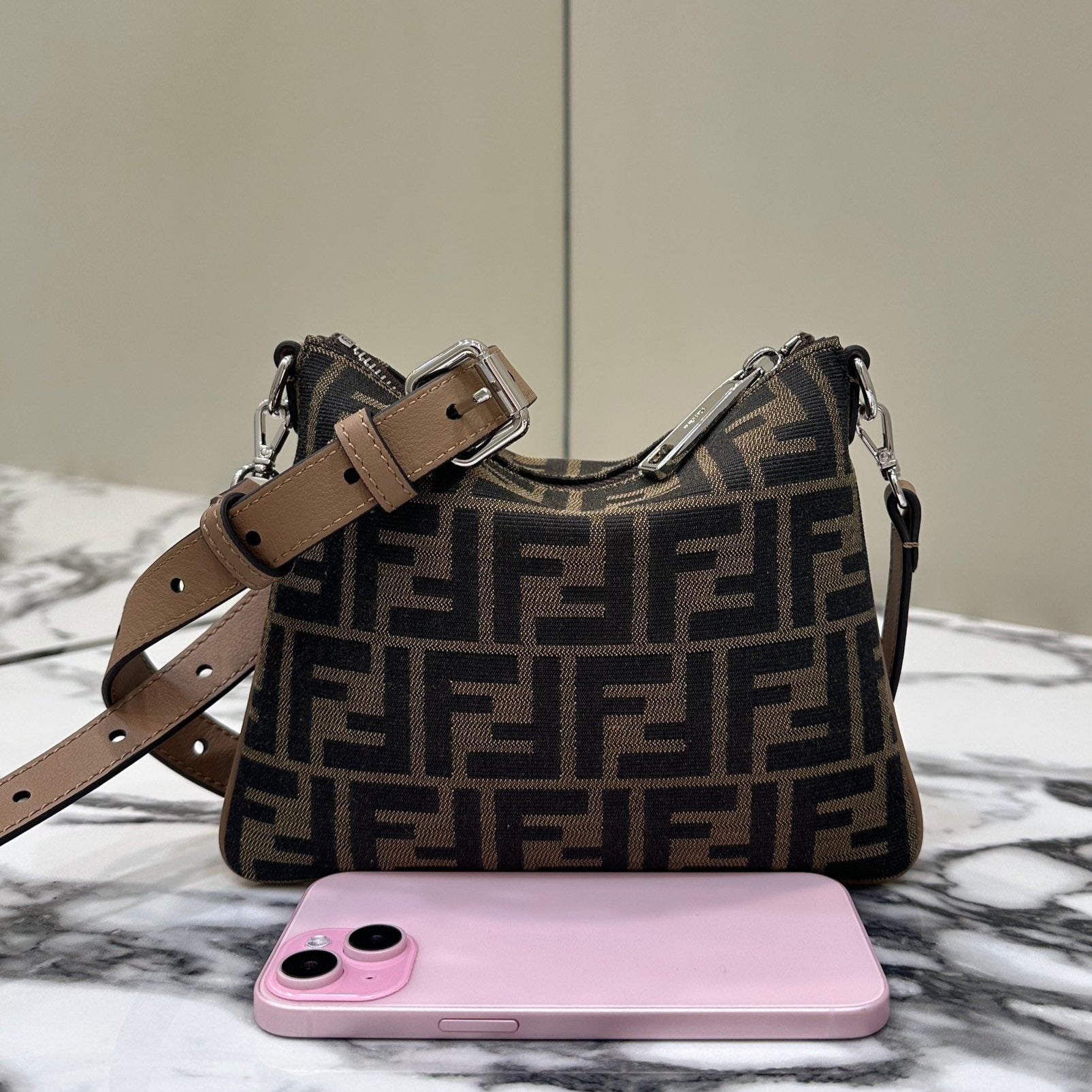 SHOULDER BAG 19 WITH FF MOTIF IN BROWN JACQUARD FABRIC mysite