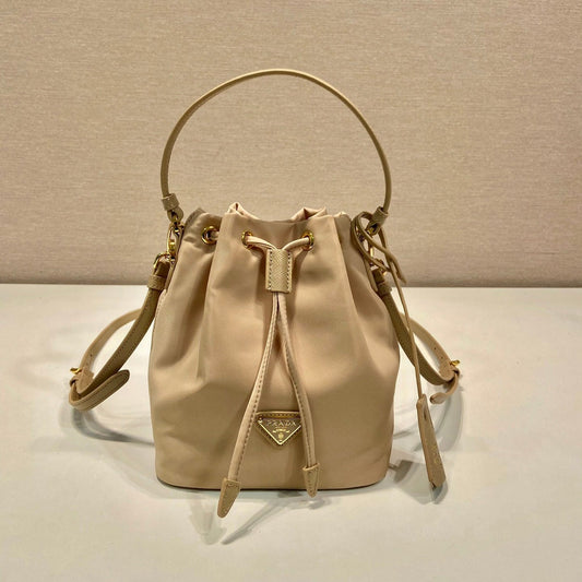 BUCKET BAG 19 IN BEIGE RE-NYLON AND SAFFIANO LEATHER HANDLE mysite