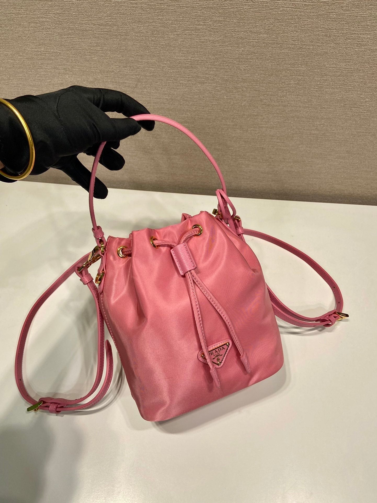 BUCKET BAG 19 IN CANDY PINK RE-NYLON AND SAFFIANO LEATHER HANDLE mysite