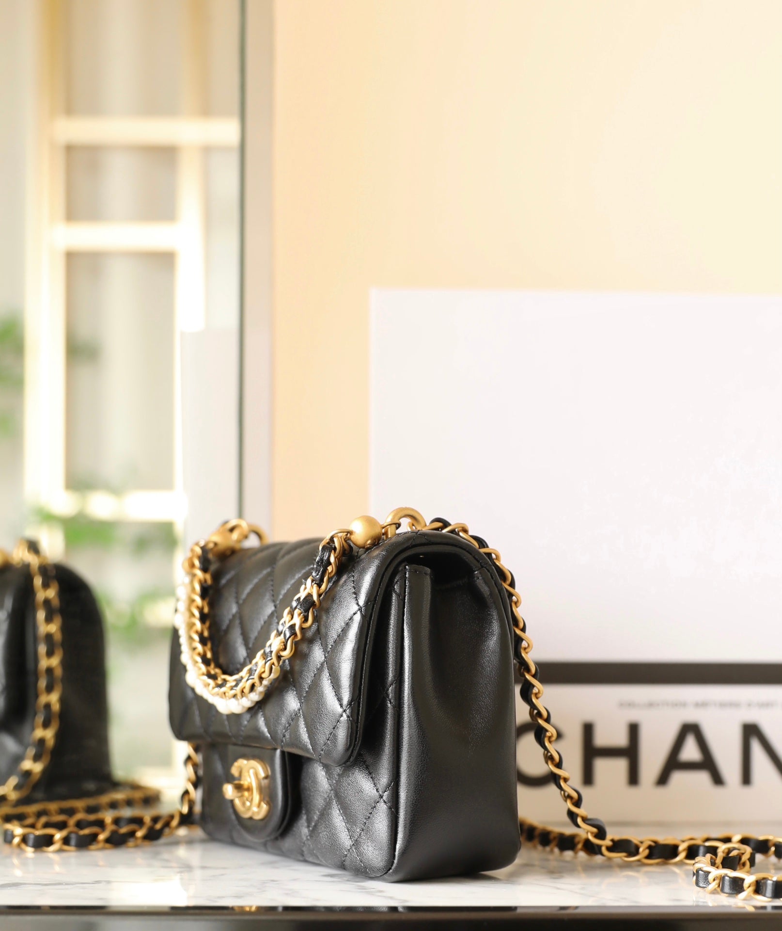 cc 24p mini flap bag 17cm black lambskin pearl chain mysite