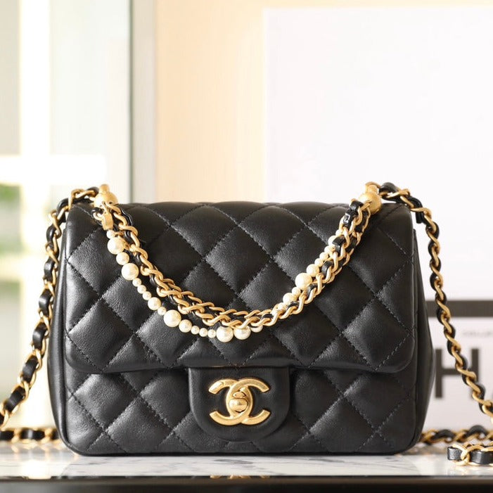 cc 24p mini flap bag 17cm black lambskin pearl chain mysite
