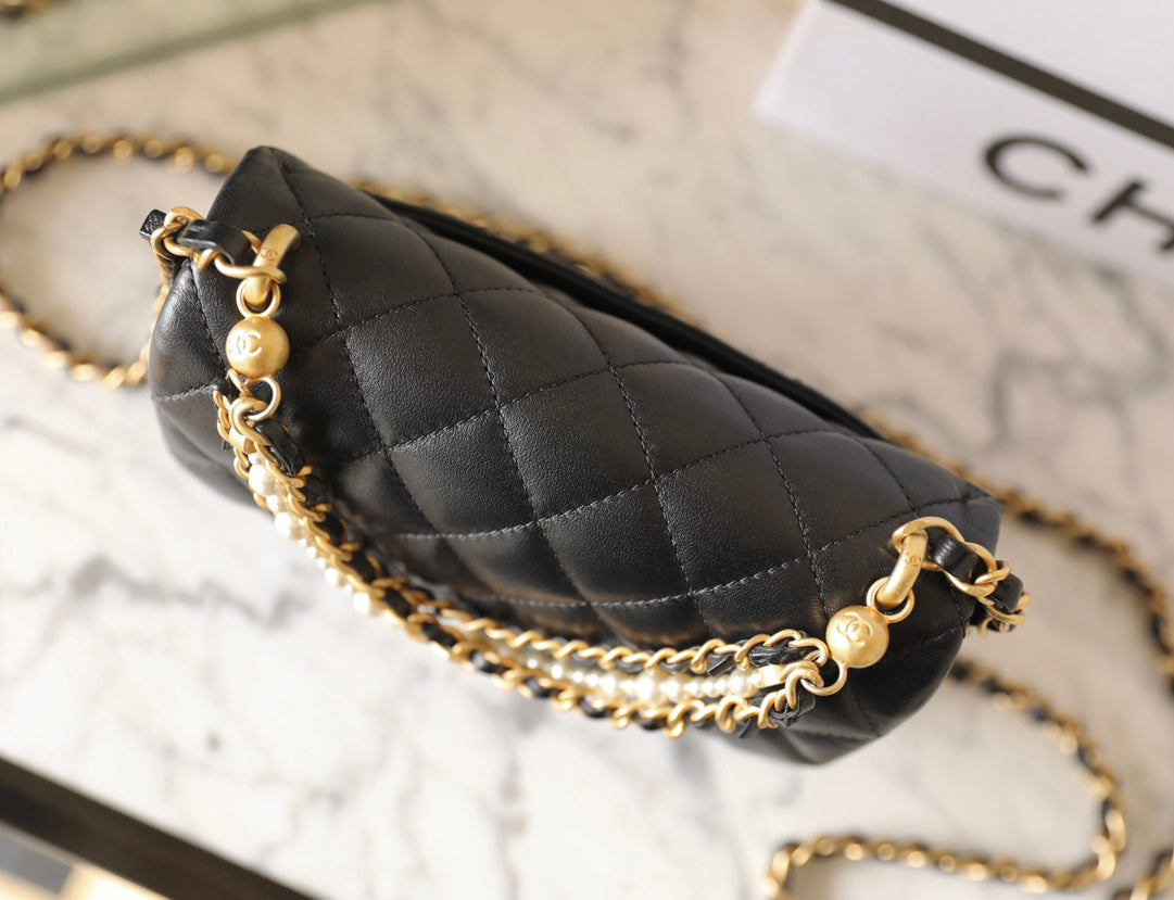 cc 24p mini flap bag 17cm black lambskin pearl chain mysite