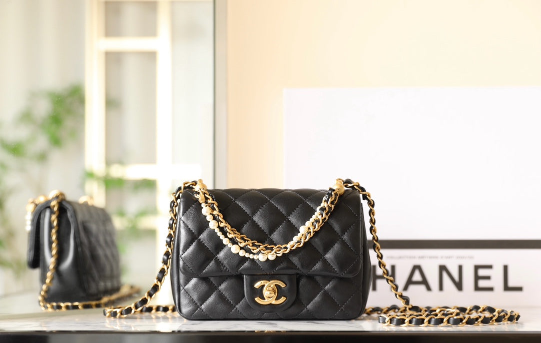 cc 24p mini flap bag 17cm black lambskin pearl chain mysite
