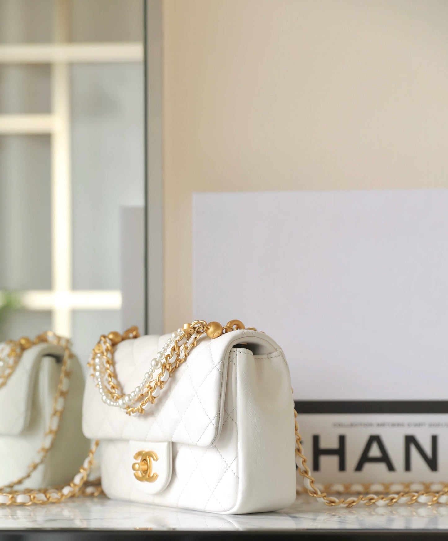 cc 24p mini flap bag 17cm white lambskin pearl chain mysite