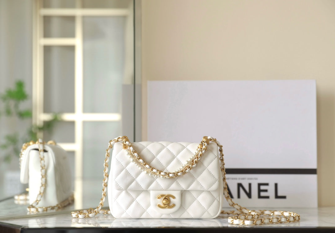 cc 24p mini flap bag 17cm white lambskin pearl chain mysite