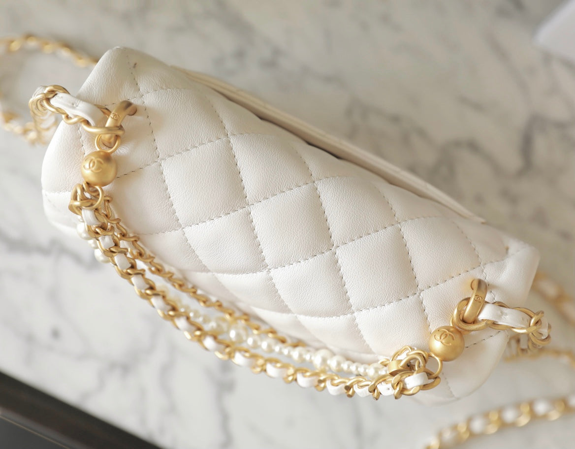 cc 24p mini flap bag 17cm white lambskin pearl chain mysite